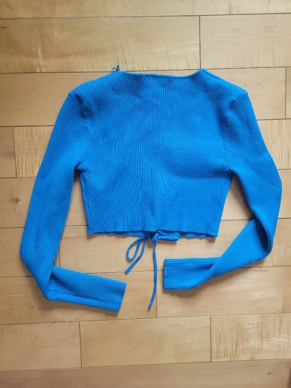 ZARA Blue Ribbed Knit Tie Front Crop Cardigan Top Size M